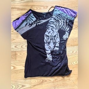 Buffalo David Bitton Blouse - Dark Purple Short Sleeve Graphic T-Shirt w Tiger